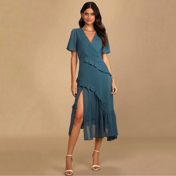 NWT Lulu’s Next To You Swiss Dot Ruffled Midi Dress Slate Blue Medium - Picture 1 of 16